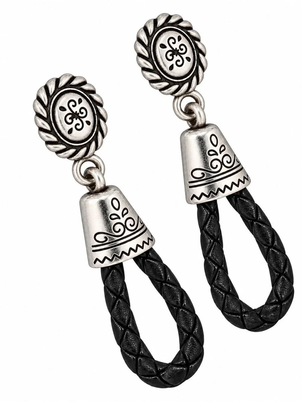 Brighton Silver & Black Braided Leather Loop Earrings VGUC Southwest Boho